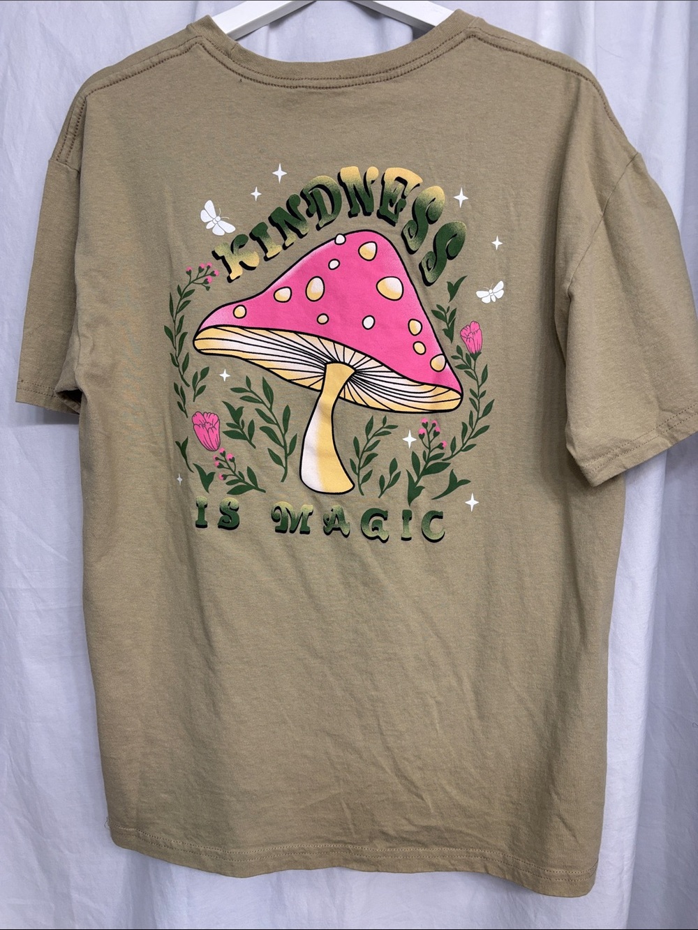 Rebellious One Olive Green Tee with Pink Mushroom Graphic - Picture 3 of 3